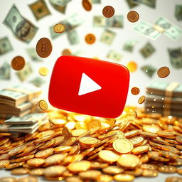 The YouTube logo, a vibrant red play button within a white rectangle, dramatically falling upon a pile of shiny gold coins and stacks of money