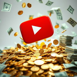 The YouTube logo, a vibrant red play button within a white rectangle, dramatically falling upon a pile of shiny gold coins and stacks of money