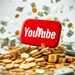 The YouTube logo, a vibrant red play button within a white rectangle, dramatically falling upon a pile of shiny gold coins and stacks of money