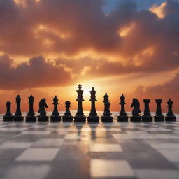 An intriguing, surreal image displaying a chessboard with chess pieces made of cloud, set against a vibrant sunset backdrop.