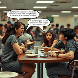 A lively cafeteria scene during the day, with a group of teenagers engaged in a heated discussion