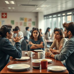 A lively cafeteria scene during the day, with a group of teenagers engaged in a heated discussion