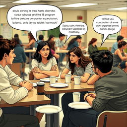 A lively cafeteria scene during the day, with a group of teenagers engaged in a heated discussion