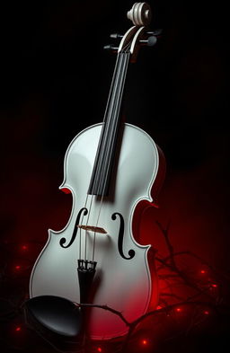 A beautifully detailed white violin leaning against a dark black background, surrounded by thorny vines and an aura of deep red light that envelops the instrument