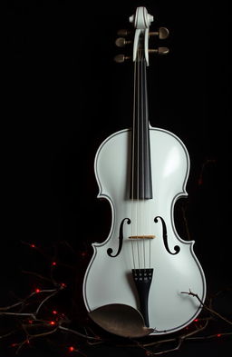 A beautifully detailed white violin leaning against a dark black background, surrounded by thorny vines and an aura of deep red light that envelops the instrument