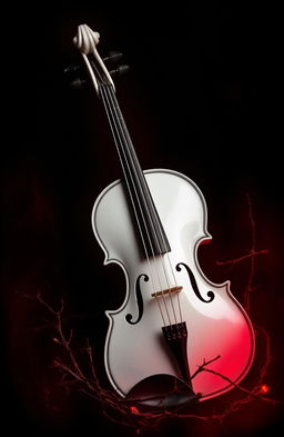 A beautifully detailed white violin leaning against a dark black background, surrounded by thorny vines and an aura of deep red light that envelops the instrument