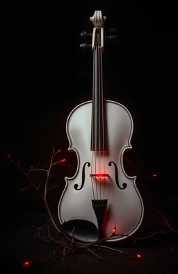 A beautifully detailed white violin leaning against a dark black background, surrounded by thorny vines and an aura of deep red light that envelops the instrument