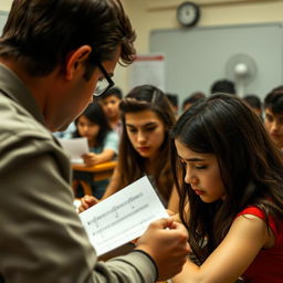 An afternoon classroom scene where the teacher sternly hands out the first set of grades for assignments