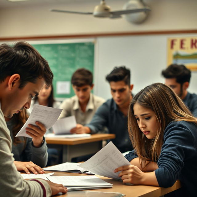 An afternoon classroom scene where the teacher sternly hands out the first set of grades for assignments