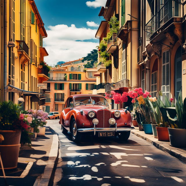 A vintage car in Nice, France captured in an editorial-style photograph by Amy Shore. The car is parked on a cobblestone street lined with pastel buildings and overlooking the Mediterranean Sea.