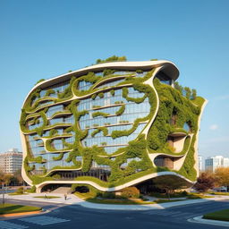 A multi-story building in a bionic architectural style, meticulously designed to resemble the exact contour of the map of Ukraine