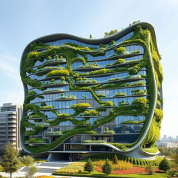 A multi-story building in a bionic architectural style, meticulously designed to resemble the exact contour of the map of Ukraine