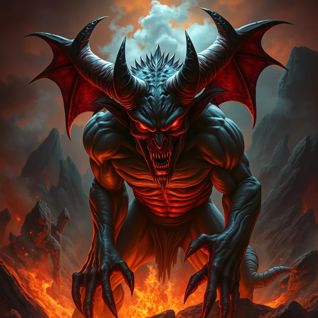 A cruel demon with sharp features and glowing red eyes, surrounded by dark shadows and an ominous atmosphere