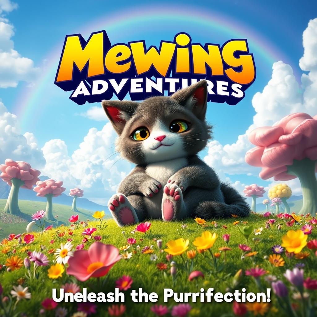 A movie poster featuring a surreal scene of a giant, mystical creature resembling a playful cat creature known as a 'Mew', lounging on a vibrant landscape filled with colorful flowers and oversized plants