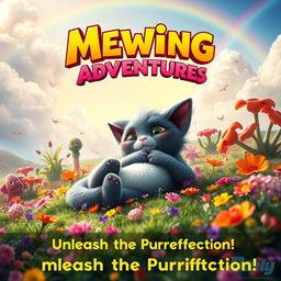 A movie poster featuring a surreal scene of a giant, mystical creature resembling a playful cat creature known as a 'Mew', lounging on a vibrant landscape filled with colorful flowers and oversized plants