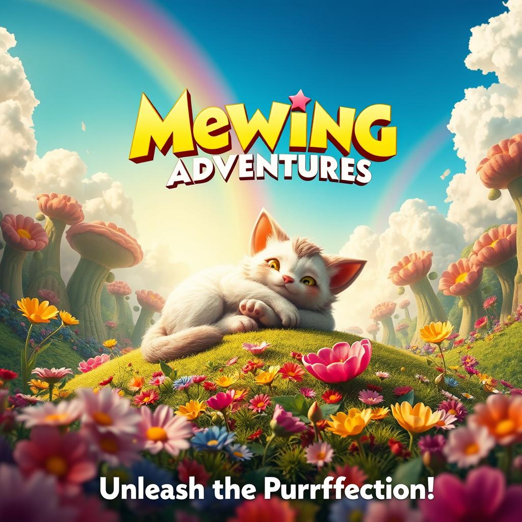 A movie poster featuring a surreal scene of a giant, mystical creature resembling a playful cat creature known as a 'Mew', lounging on a vibrant landscape filled with colorful flowers and oversized plants