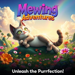 A movie poster featuring a surreal scene of a giant, mystical creature resembling a playful cat creature known as a 'Mew', lounging on a vibrant landscape filled with colorful flowers and oversized plants