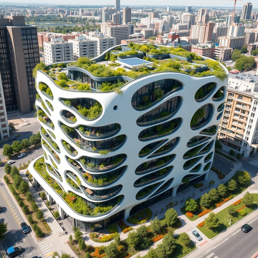 A multi-story building designed in a bionic architectural form, accurately mimicking the exact contour of the map of Ukraine