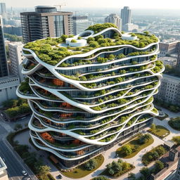 A multi-story building designed in a bionic architectural form, accurately mimicking the exact contour of the map of Ukraine