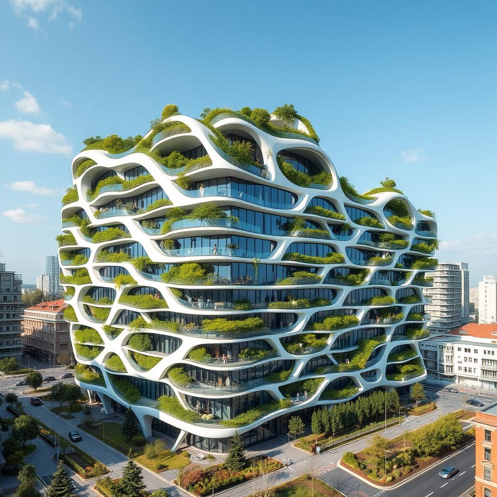 A multi-story building designed in a bionic architectural form, accurately mimicking the exact contour of the map of Ukraine