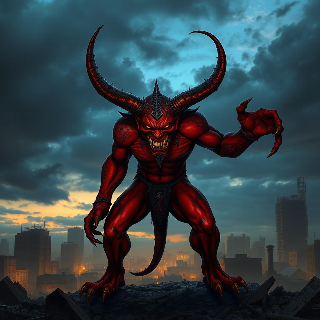 A fierce and menacing demon-human hybrid with vivid red skin, sharp horns protruding from its forehead, and glowing yellow eyes