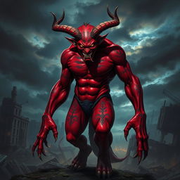 A fierce and menacing demon-human hybrid with vivid red skin, sharp horns protruding from its forehead, and glowing yellow eyes