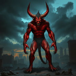 A fierce and menacing demon-human hybrid with vivid red skin, sharp horns protruding from its forehead, and glowing yellow eyes