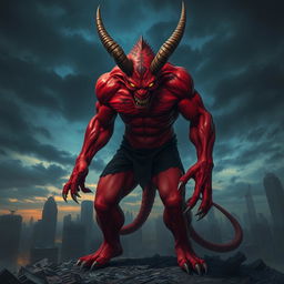 A fierce and menacing demon-human hybrid with vivid red skin, sharp horns protruding from its forehead, and glowing yellow eyes