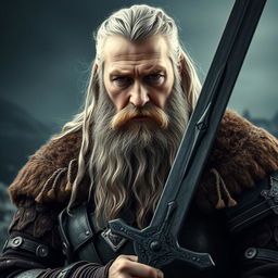 A realistic portrait of a 50-year-old Viking man with long silver hair and a long beard, holding a detailed sword