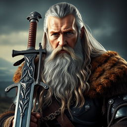 A realistic portrait of a 50-year-old Viking man with long silver hair and a long beard, holding a detailed sword