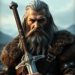 A realistic portrait of a 50-year-old Viking man with long silver hair and a long beard, holding a detailed sword