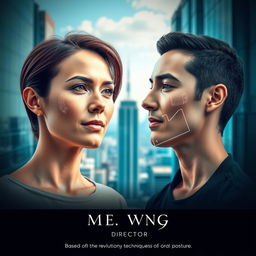 A split-image design featuring two individuals: on the left, a person with traditional jawline contours and on the right, a person with a pronounced, sculpted jawline, showcasing the transformation from mewing