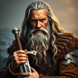 A realistic portrait of a 50-year-old Viking man with long silver hair and a long beard, holding a detailed sword