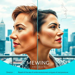 A split-image design featuring two individuals: on the left, a person with traditional jawline contours and on the right, a person with a pronounced, sculpted jawline, showcasing the transformation from mewing