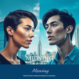 A split-image design featuring two individuals: on the left, a person with traditional jawline contours and on the right, a person with a pronounced, sculpted jawline, showcasing the transformation from mewing