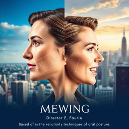 A split-image design featuring two individuals: on the left, a person with traditional jawline contours and on the right, a person with a pronounced, sculpted jawline, showcasing the transformation from mewing