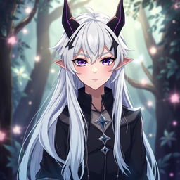 A beautiful anime-style young male demon with captivating features, including smooth, pale skin and alluring violet eyes that sparkle with mischief