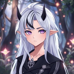 A beautiful anime-style young male demon with captivating features, including smooth, pale skin and alluring violet eyes that sparkle with mischief