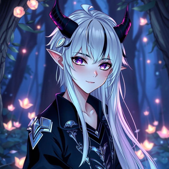 A beautiful anime-style young male demon with captivating features, including smooth, pale skin and alluring violet eyes that sparkle with mischief