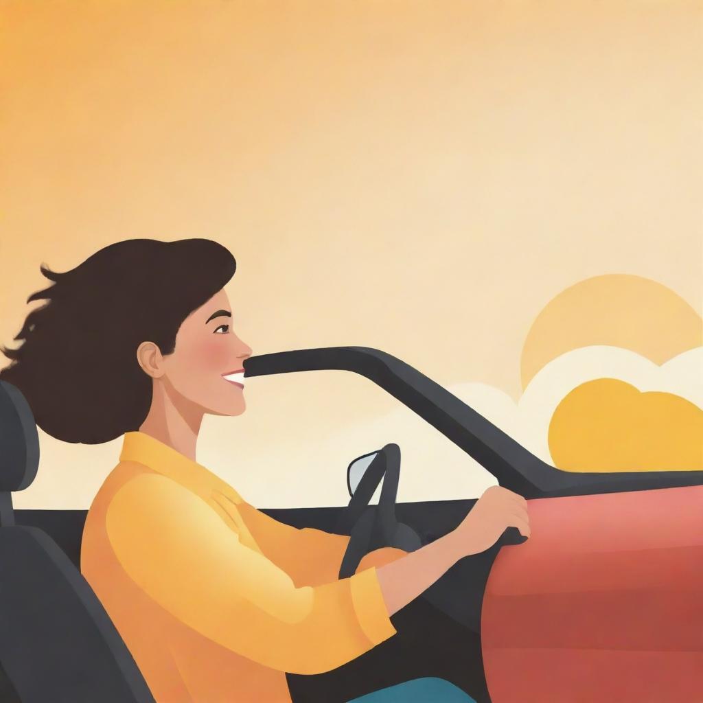 Create a clipart style image of a person happily driving a car, seen from the side, on a bright and sunny day.