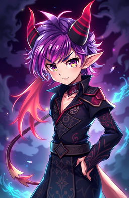 A beautiful humanoid demon boy in anime style, with striking features and an alluring aura