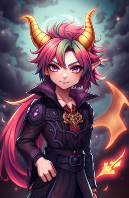 A beautiful humanoid demon boy in anime style, with striking features and an alluring aura