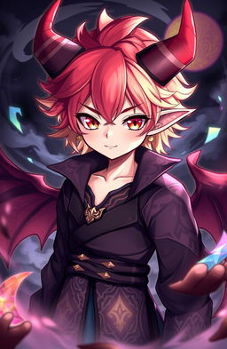 A beautiful humanoid demon boy in anime style, with striking features and an alluring aura