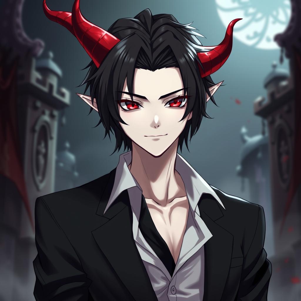 A beautiful humanoid demon boy in anime style, with striking black hair and prominent red horns on his head