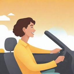 Create a clipart style image of a person happily driving a car, seen from the side, on a bright and sunny day.