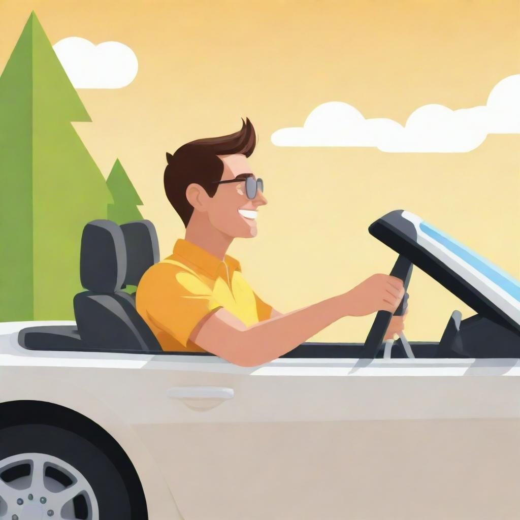 Create a clipart style image of a person happily driving a car, seen from the side, on a bright and sunny day.