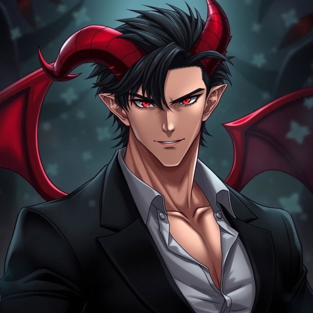 A mature, muscular humanoid demon man in anime style, exuding beauty and strength