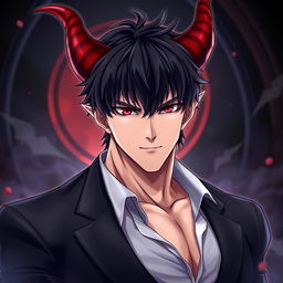 A mature, muscular humanoid demon man in anime style, exuding beauty and strength