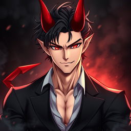 A mature, muscular humanoid demon man in anime style, exuding beauty and strength