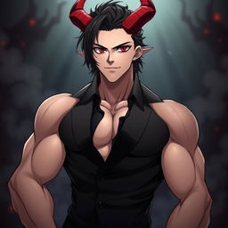 A mature, muscular humanoid demon man in anime style, exuding beauty and strength